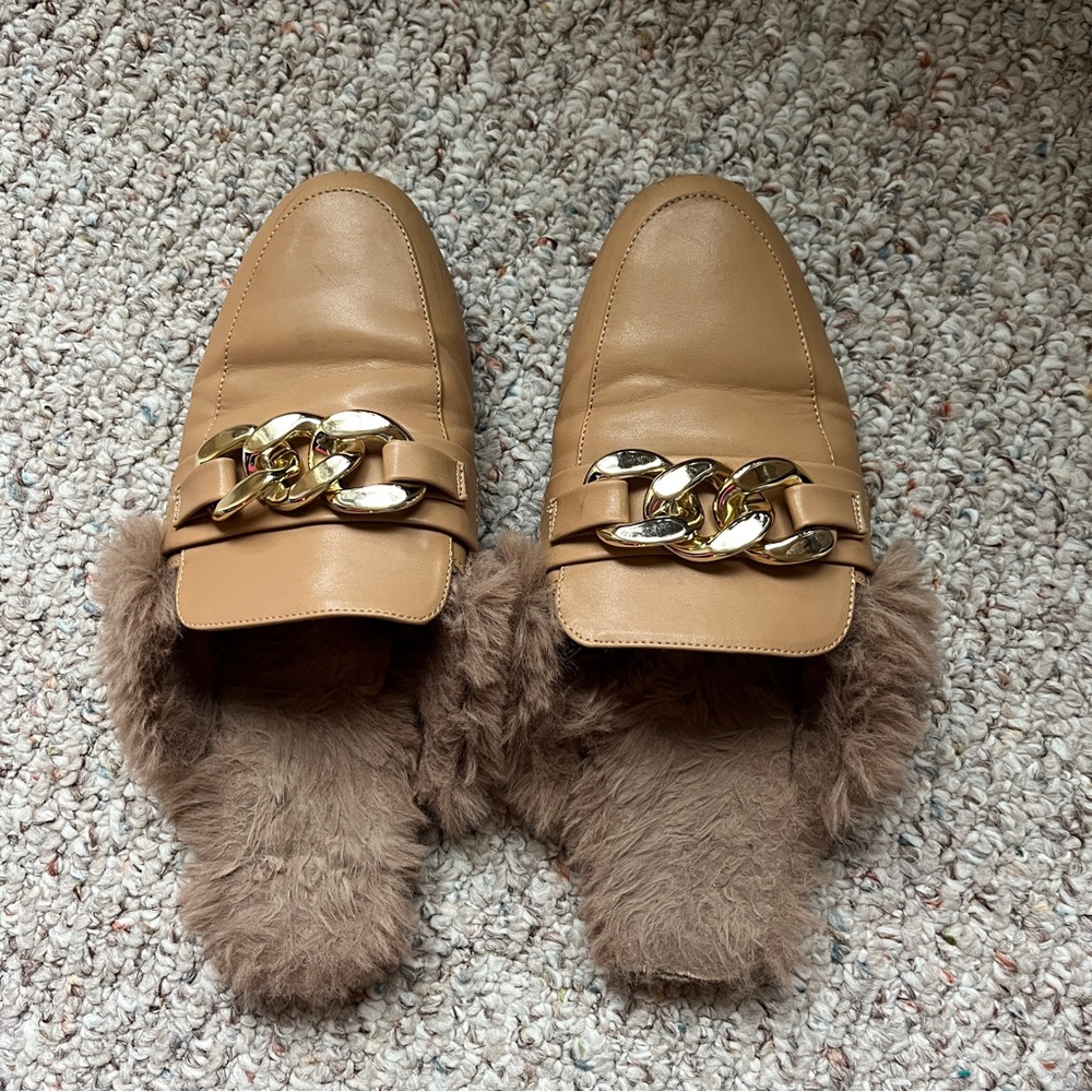 Women’s Faux Fur Brown Mules Backless Flat Loafers Size 9.5 slip on slipper shoe